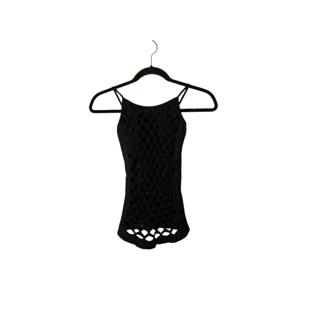 Whimsigoth Gothic edgy, black open knit knitted tank top large